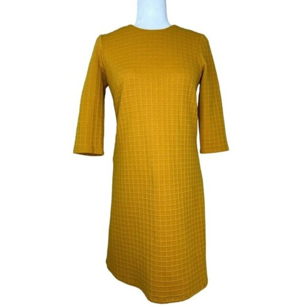 ASOS‎ Mustard Yellow Grid Textured Shift Dress 3/4 Sleeve US 6 Retro Mod Style